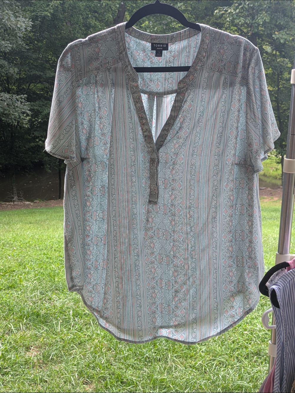 torrid Harper Mint Floral Stripe Split-Neck Blouse Size 1